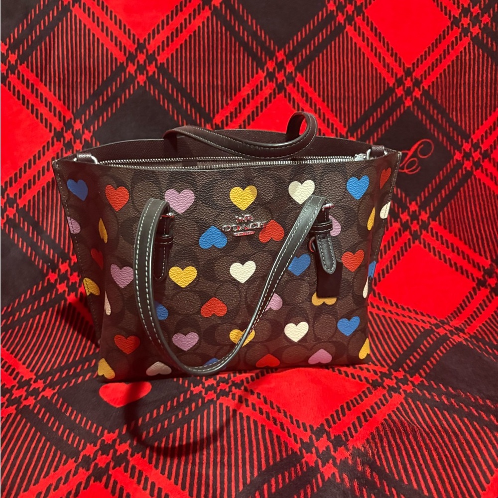 Coach Brown Tote with Multicolor Heart Design